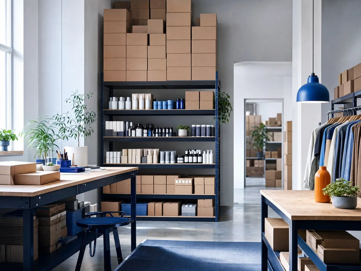 A bright loft stockroom: navy shelving stacked with boxed inventory, two wood-topped packing tables, and an apparel rack along the far wall.