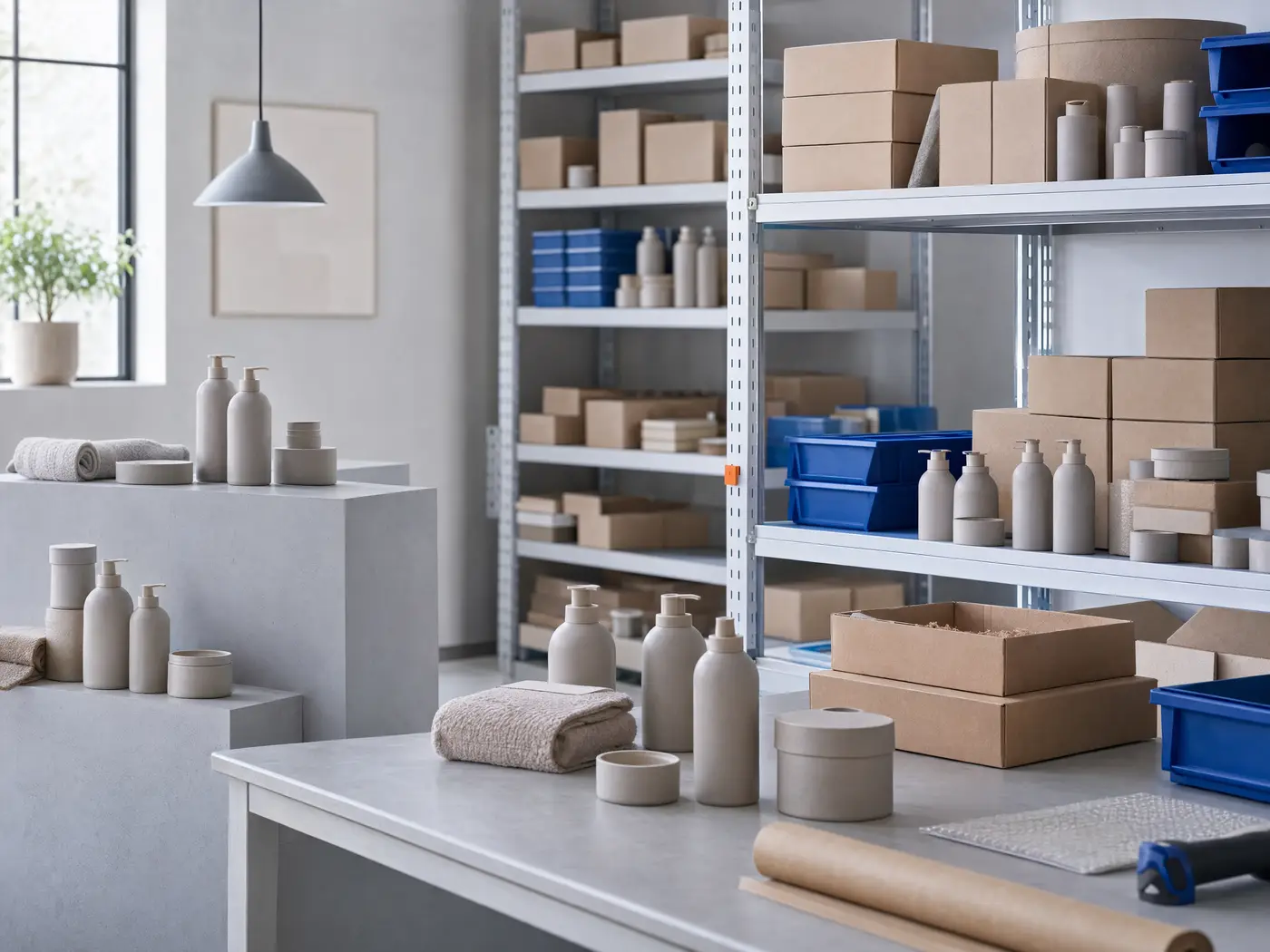 A small seller's packing bench mid-pack: labeled bottles, folded towels, kraft mailer boxes, a paper roll, and a box cutter on a grey worktop.