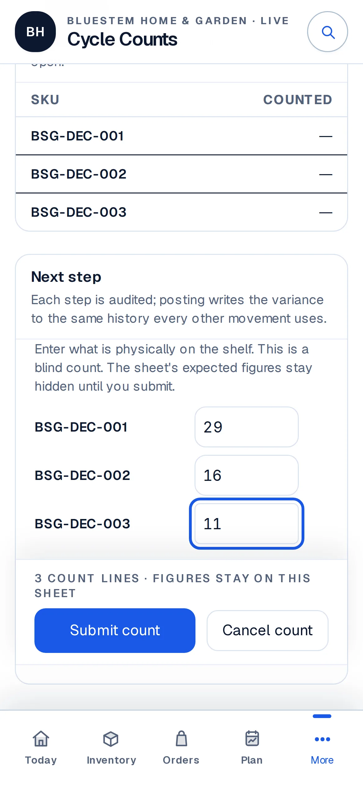 Enter counts on the shelf, from a phone