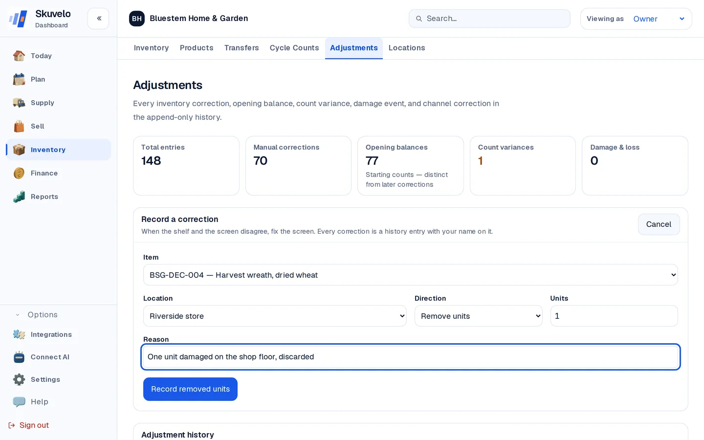 Record a manual adjustment